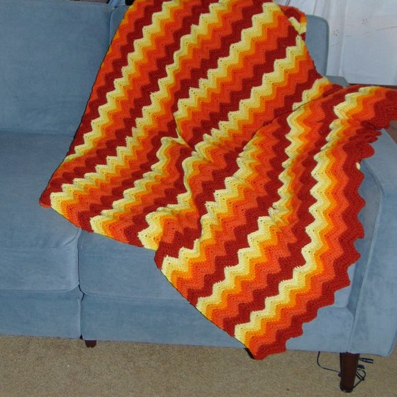 Vintage Crocheted Afghan, Ripple Chevron, Yellow/Orange/Rust, 45 x 84 - Picture 4 of 11